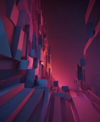 Fototapete - a 3D of a futuristic cityscape, featuring a complex network of towering structures in shades of blue and pink, with a gradient of purple and orange lighting.