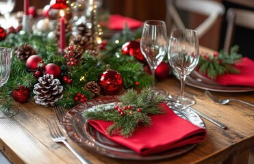 Aesthetic red-themed Christmas dinner table setting with wine glasses and nice tableware with gold accents