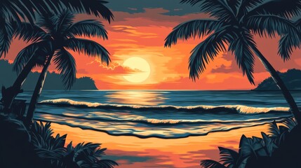 A scenic sunset over a calm ocean with palm trees framing the scene.  The sun is setting over the horizon with a sky full of vibrant orange and pink hues. 