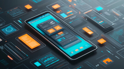 Creating mobile apps involves designing the look and feel,testing how it works on phones and tablets,and making sure it's easy to use on different devices.This illustration shows a 3D view process.