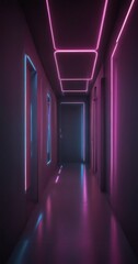 Leinwandbilder - A long, dimly lit corridor with a series of rectangular light fixtures suspended from the ceiling, casting a soft glow and creating a sense of depth and movement.
