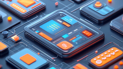 Creating mobile apps involves designing the look and feel,testing how it works on phones and tablets,and making sure it's easy to use on different devices.This illustration shows a 3D view process.