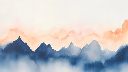 Wall Mural - Abstract Watercolor Landscape with Blue Mountains and Orange Sky