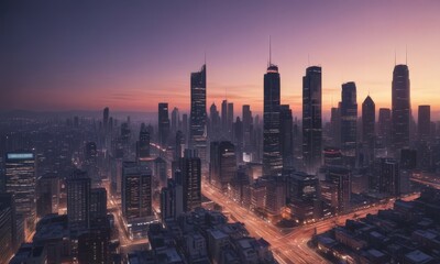 Fototapete - A panoramic view of a city skyline at sunset, with tall buildings silhouetted against a vibrant sky.