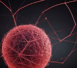 Leinwandbilder - a close-up view of a red, spherical object with a complex network of thin, red lines extending from it, creating a striking visual effect against a dark background.