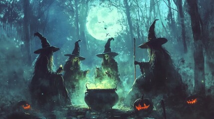 Canvas Print - Witches Gathering Around a Cauldron in a Dark Forest