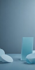Poster - A minimalist scene with a blue-green color palette, featuring a rectangular object, two spherical objects, and a circular object against a light blue background.