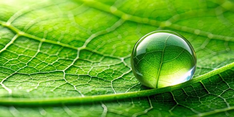 Close-up of a dewdrop on a vibrant green leaf, glistening in the natural light