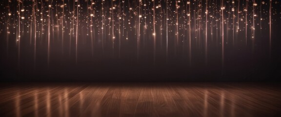 A dark room with a wooden floor and a string of lights hanging from the ceiling, creating a warm, glowing effect.