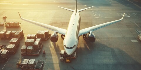 An Aerial View Capturing an Aircraft Being Loaded at the Busy Airport Cargo Terminal