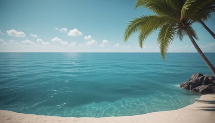 A serene tropical beach scene features a clear blue ocean, a sandy shore, and a palm tree with lush green fronds.