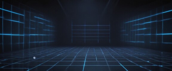 Poster - The image presents a futuristic, dimly lit room with a grid-like pattern of blue lines and glowing squares, creating a sense of depth and dimension.