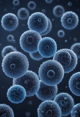 Leinwandbilder - The image presents a close-up view of numerous spherical cells, each with a unique pattern of bumps and ridges, set against a dark background. The cells are arranged in