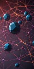 Poster - The image presents a complex network of interconnected spheres, each with a unique geometric shape and color, set against a dark background. The spheres are arranged in a