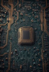 Fototapete - A close-up view of a circuit board with a central CPU chip surrounded by intricate gold and black circuit traces.