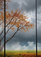 Poster - A tree with orange leaves stands against a backdrop of a cloudy sky, partially obscured by a window frame.