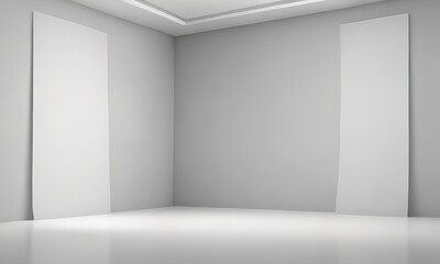 Aufkleber - An empty, minimalist room with white walls and a white floor, featuring two vertical white panels on the left wall and a horizontal white panel on the right wall.