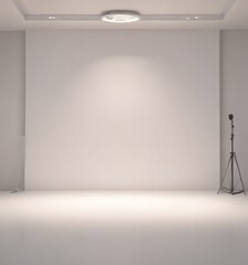 Aufkleber - A minimalist studio setup with a large white wall, a circular light fixture, and a tripod on the right side.