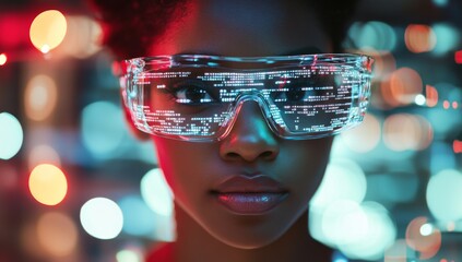 close-up photo of black woman in futuristic glasses with digital data flowing 
