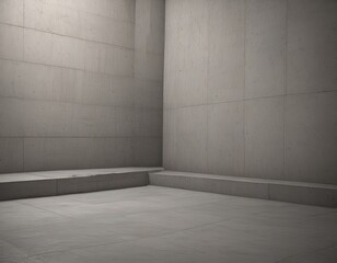 Leinwandbilder - A minimalist image of a concrete room with a low wall, a bench, and a tiled floor.