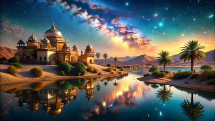 Celestial Oasis: Golden Palace Under a Starry Sky 