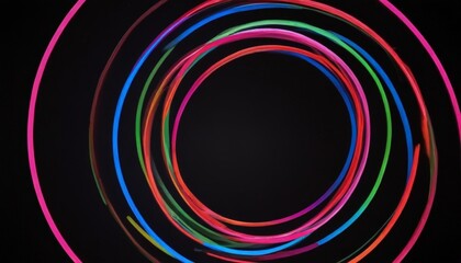 Poster - A vibrant display of neon-colored circles, each with a unique color, creates a mesmerizing spiral pattern against a dark background.