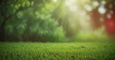 Poster - A lush, verdant lawn stretches out, with sunlight filtering through the trees in the background, creating a serene and tranquil atmosphere.