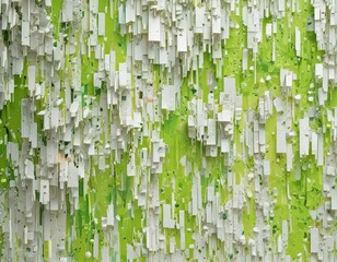 a close-up view of a textured surface with a repeating pattern of white and green rectangular shapes.