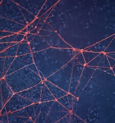 Leinwandbilder - a close-up view of a network of red and orange lines and dots, resembling a spider web or a complex web structure, against a dark blue background.