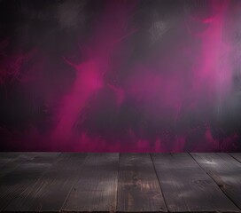 Poster - a dark, moody background with a vibrant pink and purple gradient, and a wooden surface in the foreground.