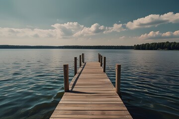 pontoon pier on the lake shore on a beautiful summer day. Creative banner. Copyspace image Generative AI