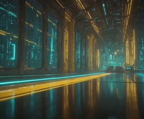 Poster - a futuristic corridor with a sleek, curved ceiling and a series of glowing windows that reflect the surrounding cityscape. The corridor is illuminated by a mix of blue and