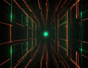 Poster - A digital illustration of a futuristic corridor with a glowing green light at the center, surrounded by a network of orange and green lines.