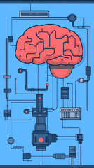 Canvas Print - A computer generated image of a brain with wires coming out of it. The image is blue and red