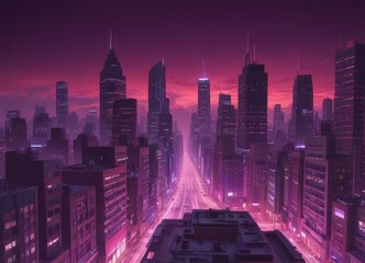 Fototapete - a futuristic cityscape at night, with tall buildings illuminated by a vibrant purple and pink glow. The city is densely packed, with a long, straight road cutting through