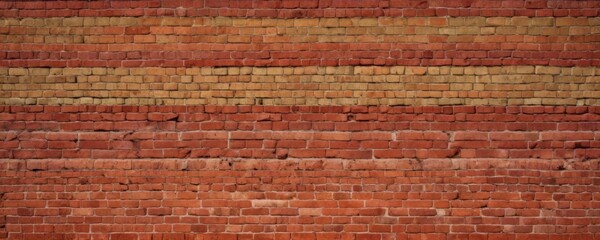 Fototapete - A close-up view of a red brick wall, with the bricks arranged in horizontal rows and displaying a warm, reddish-brown hue.