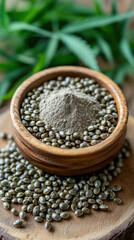 Wall Mural - A bowl of seeds is on a wooden table. The bowl is filled with a variety of seeds, including some that are brown and some that are green