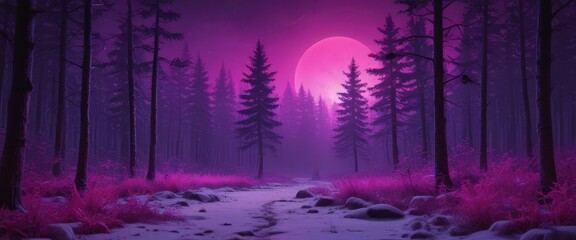 Poster - A serene forest scene with a glowing pink moon in the background, surrounded by tall trees and a winding path covered in snow.