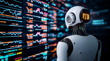 Wall Mural - Robots can now trade stocks using artificial intelligence.They analyze financial charts and data to make investment decisions.This software can buy and sell stocks automatically, like a cyborg trader.