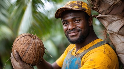 A farmer harvests a c green coconut from a palm tree