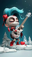 Poster - Cute Skull Girl Playing Guitar in Winter Wonderland