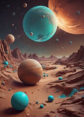 The image presents a surreal, cosmic landscape with a large, blue planet dominating the center, surrounded by smaller planets and celestial bodies. The scene is set against