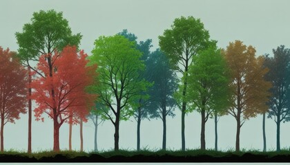 Poster - A line of trees in various autumn colors, including red, green, blue, and yellow, set against a light blue sky.