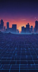 Fototapete - A futuristic cityscape at sunset, with tall buildings silhouetted against a vibrant sky.