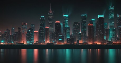 Fototapete - a nighttime cityscape with a skyline of illuminated skyscrapers, their reflections visible in the water below.