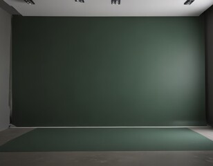 A large, dark green wall dominates the image, with a white floor extending from the bottom to the ceiling. The wall is devoid of any objects or text, creating a minimalist