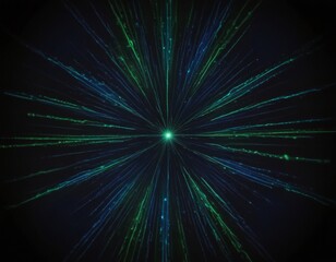 Leinwandbilder - a vibrant, abstract representation of a starburst, with radiating lines of green and blue against a dark background.