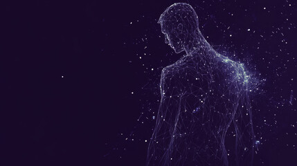 simplified image of the human body, made up of lines and points like a starry night sky.The body is broken down into geometric shapes, resembling stars with jagged edges.low poly vector illustration.