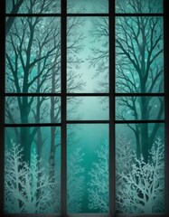 Poster - A frosty winter scene is depicted through a window with a grid of nine panes, featuring a serene landscape of bare trees and snow-covered branches.