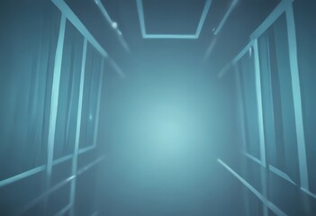 Fototapete - a long, narrow corridor with a blue-green hue, featuring a series of white lines and a central light source.